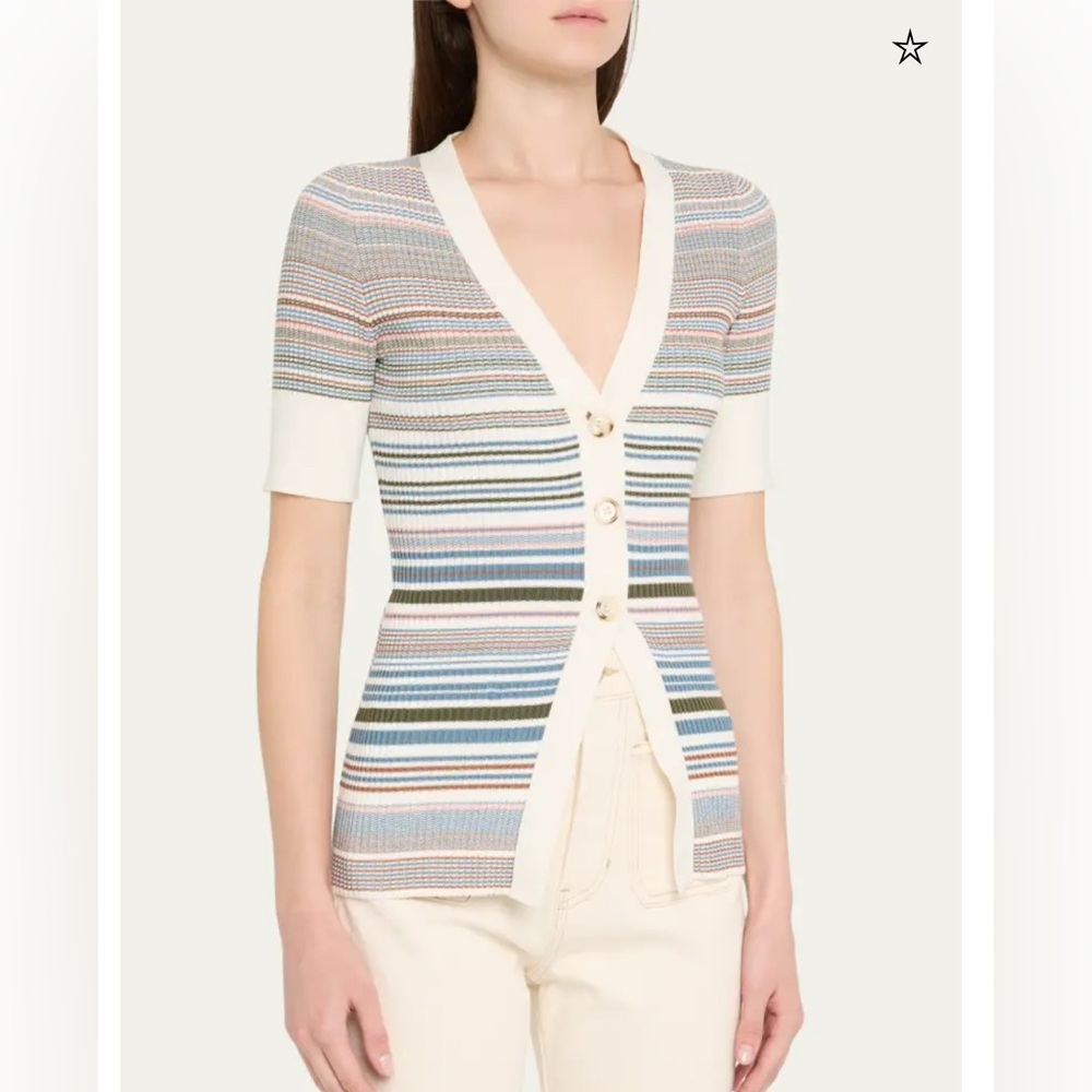 Veronica Beard Cream Ribbed Multicolor Stripe Short Sleeve Cardigan
